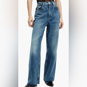 AllSaints Blake Raw Hem Wide Leg Jeans in Dark Indigo, Size 27, New With Tags
